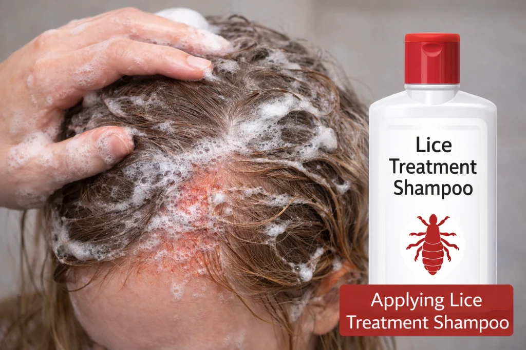 applying lice treatment shampoo on hair