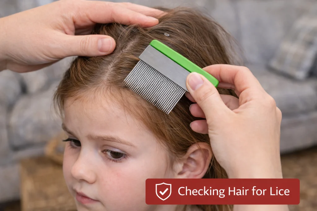child hair checking with fine lice comb at home