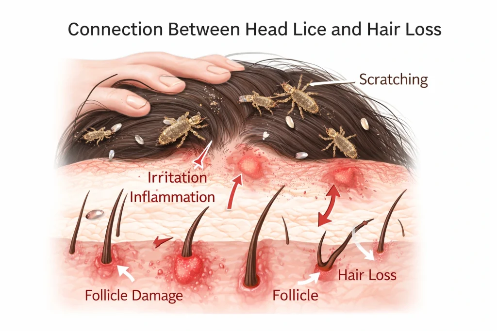 diagram showing lice infestation on scalp