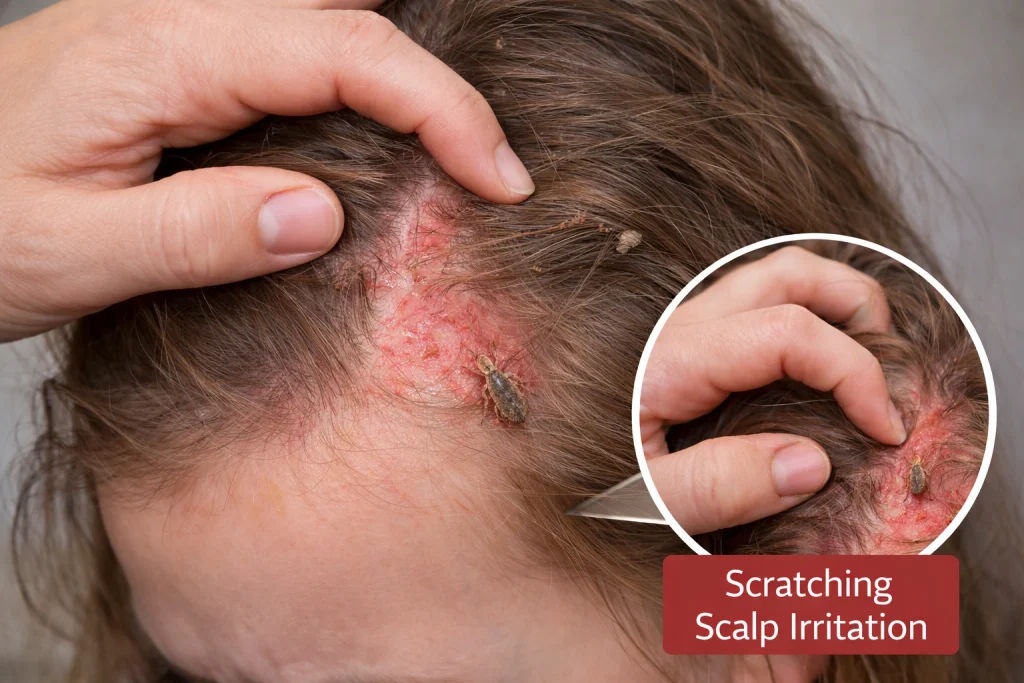 scratching scalp irritation close up