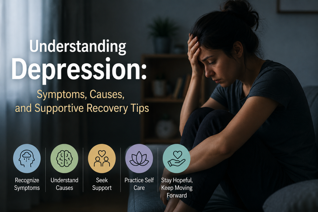 Depression symptoms and recovery support illustration showing a stressed young woman indoors