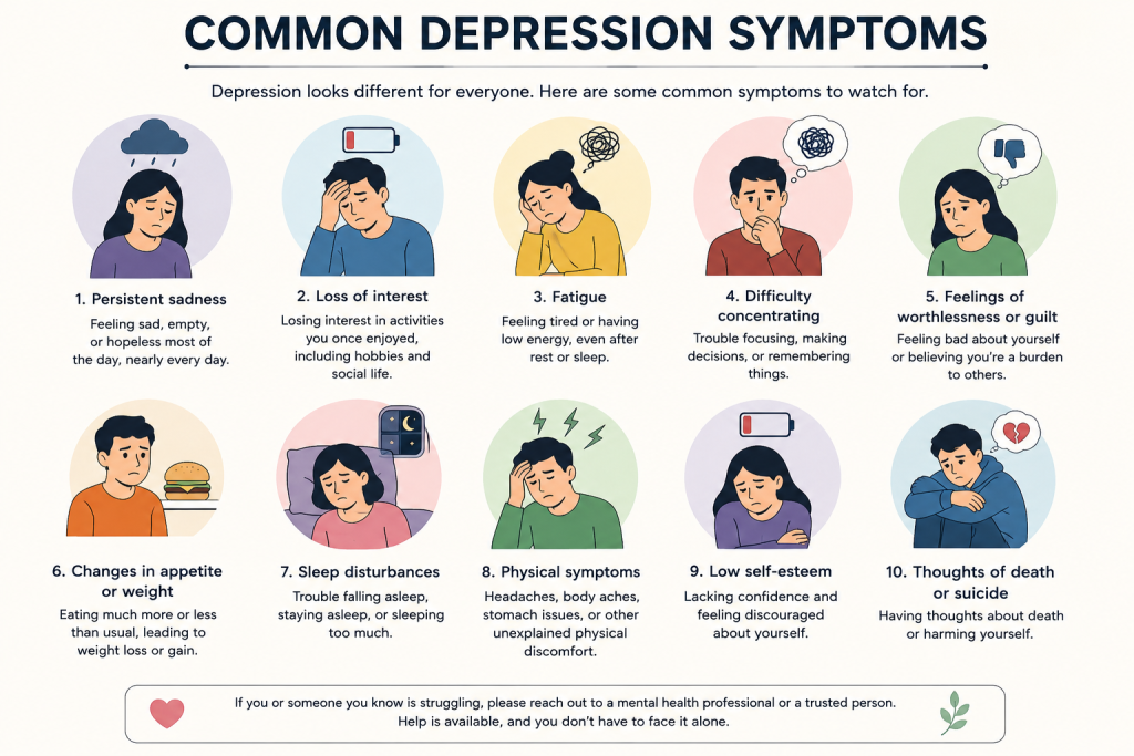 Common depression symptoms and emotional mental health support infographic