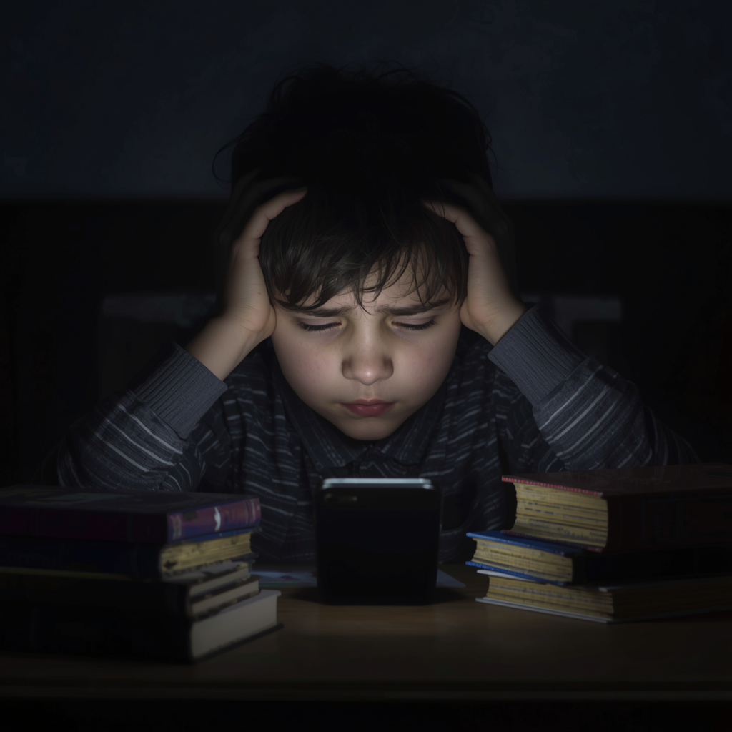 The Homework Trap: Stressed child struggling with mobile phone and books
