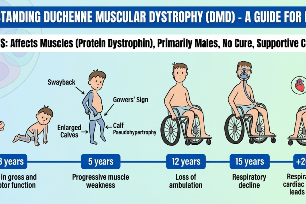 Infographic guide on muscular dystrophy in children showing early signs and supportive care
