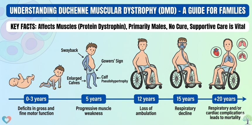 Infographic guide on muscular dystrophy in children showing early signs and supportive care