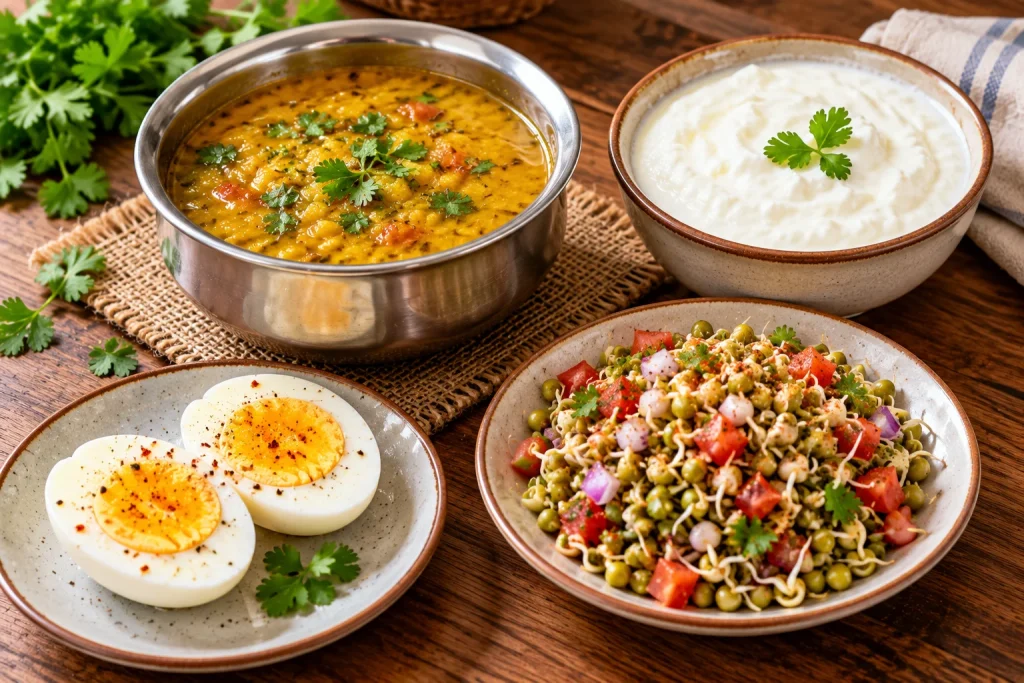Dal, curd, boiled eggs and sprouts chaat, protein-rich foods that keep you full