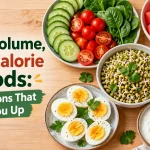 Colorful spread of high-volume low-calorie foods including vegetables, fruits, sprouts and eggs