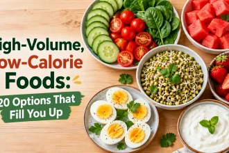 Colorful spread of high-volume low-calorie foods including vegetables, fruits, sprouts and eggs
