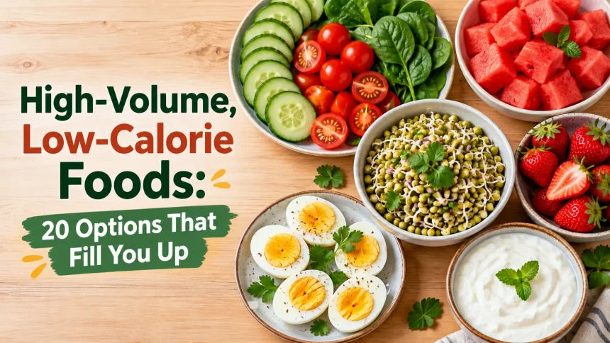 Colorful spread of high-volume low-calorie foods including vegetables, fruits, sprouts and eggs
