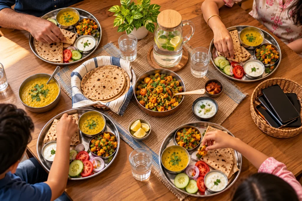 Family eating dinner together with phones kept away from the table