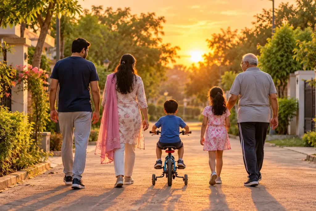 Family walking and cycling together in the evening as a healthy habit