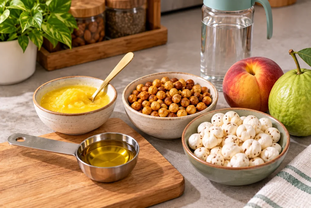 Measured oil, roasted chana, makhana, fruit and water bottle as healthy eating good diet