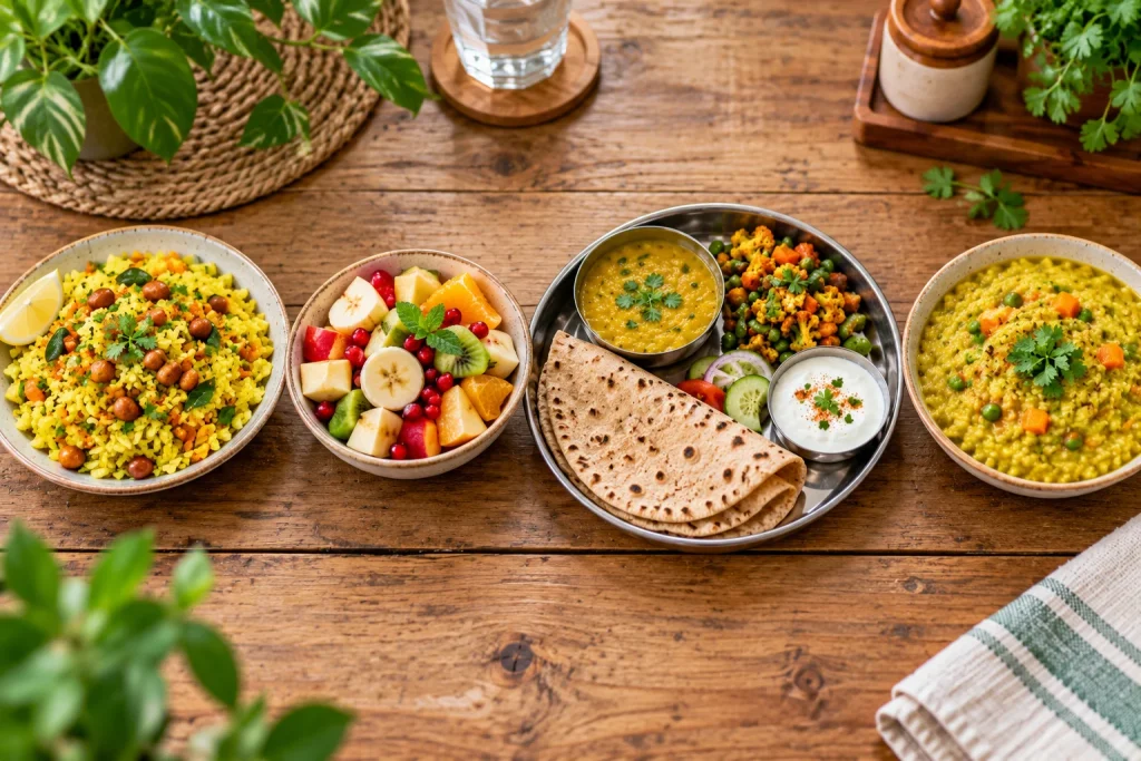 Simple day of healthy Indian meals including poha, fruit, dal roti thali and khichdi
