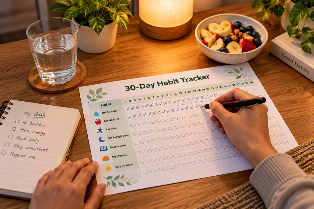 Person ticking daily healthy habits on a printed worksheet at night