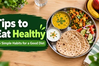 Healthy Indian meal good diet with roti, dal, sabzi, salad and curd, illustrating tips to eat healthy