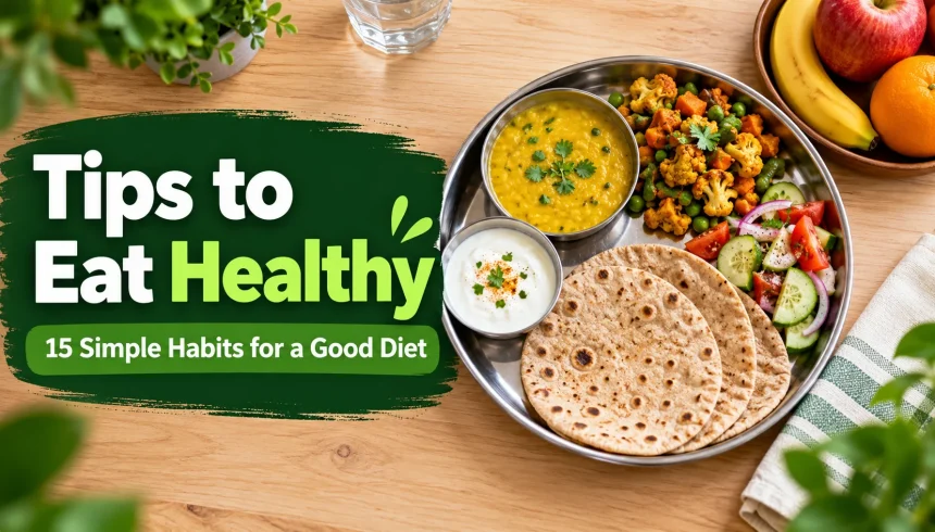 Healthy Indian meal good diet with roti, dal, sabzi, salad and curd, illustrating tips to eat healthy